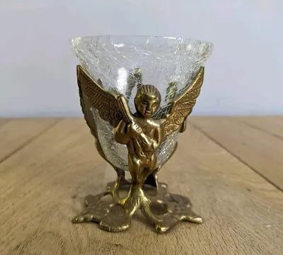 Buy Vintage Brass Bowl Glass Angel Cherub Crackle Stand Cup Holder • 20£