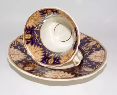 Buy C19th Rockingham Brameld Porcelain Coffee Cup & Saucer Cobalt & Gilt • 25£