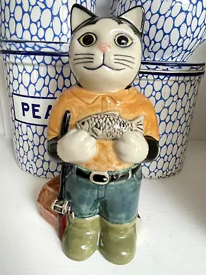 Buy 15.5cm Tall Quail Pottery Ceramic Cat With Fish Fishing Fisherman Figurine • 13.99£