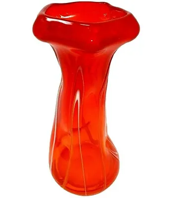 Buy Vintage HANDBLOWN ART GLASS ORANGE SWIRL PINCHED TALL HEAVY VASE 10 T  • 32.61£