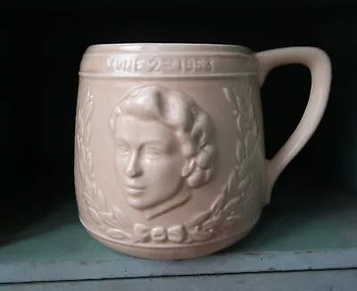 Buy Vintage Commemorative Mug Coronation Queen Elizabeth II 1953 Pottery Beige KSP • 7.99£