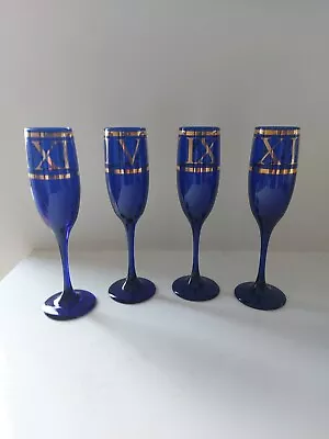 Buy  4 Cobalt Blue Champagne Flute Glasses Hand Decorated Gold Tone Roman Numerals • 28£