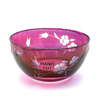 Buy Hand Cut Etched Cranberry Flashed Glass Bowl • 9.99£