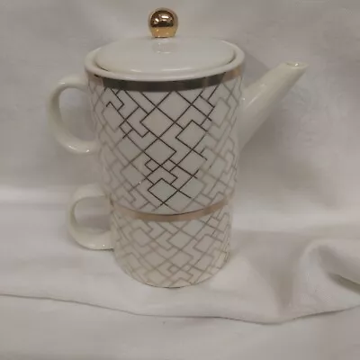 Buy Teapot Tea For One Set. White And Gold Geometric Design. • 6£