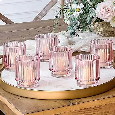 Buy Blush Pink Vintage Ribbed Glass Tealight Votive Candle Holders By Kate Aspen (S • 24.90£