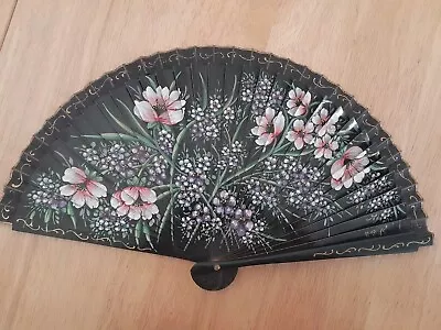 Buy Wood Hand Painted Black Floral Hand Fan 37cm Wide (Spanish?) • 12.50£