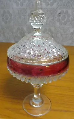 Buy Indiana Glass Ruby Red Trim Pedestal Candy Dish With Diamond Point Lid • 22.37£