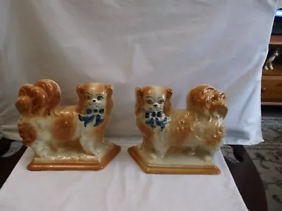 Buy Antique Pair Of Staffordshire Pekinese Dogs W Blue Bows Height 19 X 20 Cm • 96£
