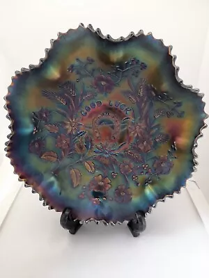 Buy Antique Northwood Carnival Glass Good Luck Ruffled Bowl. Amethyst. Blue. 1910. • 29.99£