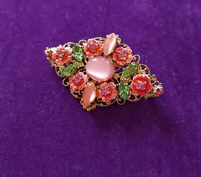 Buy Antique Art Deco Brooch Ornate Goldtone Filigree Pink Satin Czech Glass Enamel • 25£