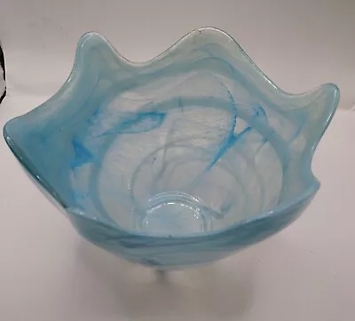Buy Large Hand Blown Art Glass Bowl Blue Swirl With Scalloped Pattern Vintage MCM • 22.37£
