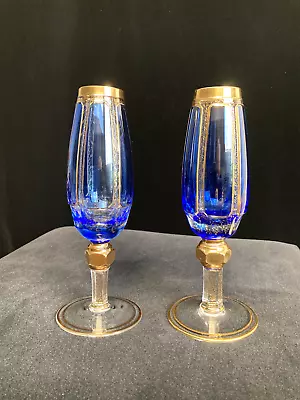 Buy Pair Of Vintage Moser Bohemian Cabochon Crystal Glass Champagne Flute Goblets • 554.50£