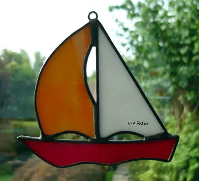 Buy Stained Glass Sailboat - Handmade - Red/Orange/White - NEW-  10cms (4ins) • 5.95£