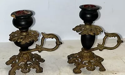 Buy Pair Of Antique Cast Iron Wooden Victorian Chamber Stick Candle Holders • 29.08£