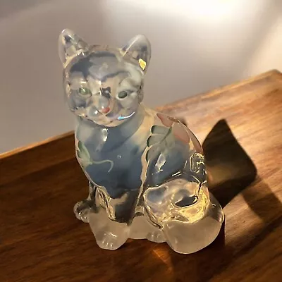 Buy Fenton Iridescent Clear Glass Hand Painted  Floral Design Cat Signed 4” • 23.29£