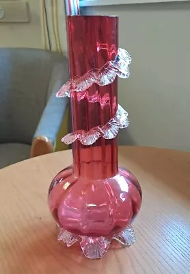 Buy Vintage Hand Blown Cranberry Glass Vase Ruffled Red Retro • 34£