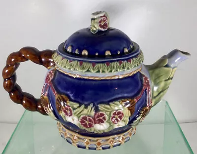 Buy Vintage Nouveau Majolica Teapot Colbalt Blue Maroon & Green Floral Foliage • 9.99£