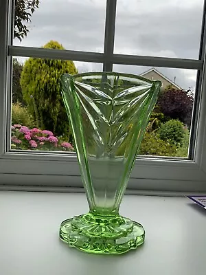 Buy URANIUM GREEN GLASS VASE.   Art Deco Beautiful Chevron  Design.  • 15.99£