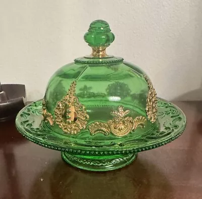 Buy Antique Tarentum EAPG Glass Green & Gold Covered Butter Dish CIRCA 1900 Rare • 37.27£