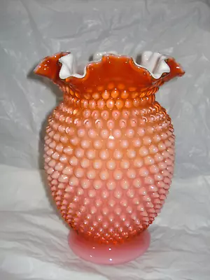 Buy Rare Fenton Glass CORAL OVERLAY Hobnail Ruffled Vase 8.25   SALMON • 270.25£