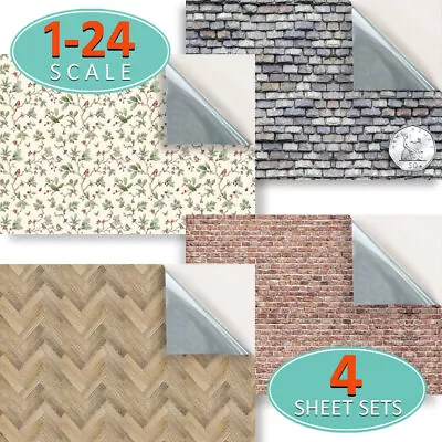 Buy Dolls House 1:24 Stick On Vinyl Wallpapers, Choice Of 220 Styles - Pack Of 4 • 3.99£