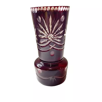 Buy Vintage Bohemian Ruby Red Vase Cut To Clear Crystal Etched Decorative Glassware • 122.32£