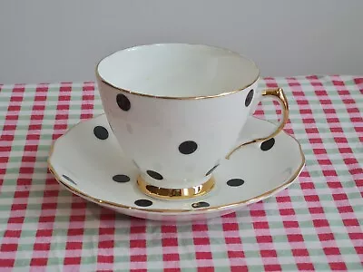 Buy Vintage Royal Vale English Bone China Teacup & Saucer Black Polka Dot. • 9.99£