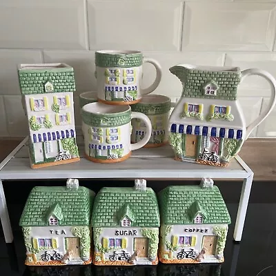 Buy Royal Norfolk Cottage Scene Tea Coffee & Sugar Canisters Jug Mugs & Utensil Pot • 49.99£