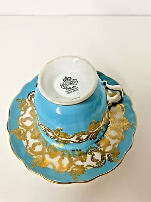 Buy Aynsley Teacup & Saucer Turquoise With Gold Leaves & Floral, Bone China, England • 17.73£