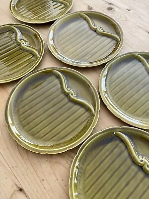 Buy French Antique Asparagus Plates Gien, Ceramic Dinnerware Vintage, Green Majolica • 59.99£