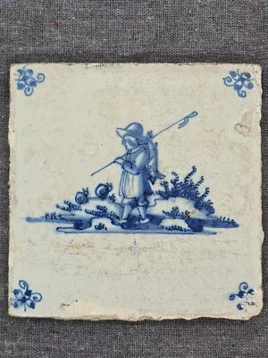 Buy Charming Dutch 18th Century Blue & White  Delft Tile Depicting A Shepherd. • 16£