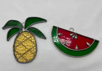 Buy Leaded Stained Glass Watermelon Slice & Pineapple Suncatchers Handmade Vintage • 27.95£