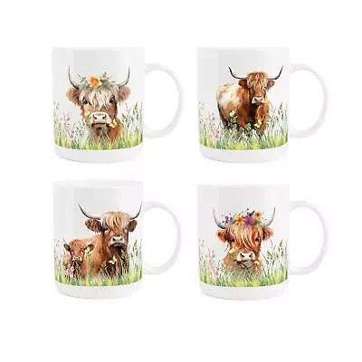 Buy Highland Cow Mugs Set - Bone China Flowers Farm Tea/Coffee Cups Gift Set Of 4 • 37.99£