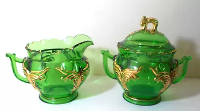 Buy Antique GREEN Glass~ 24kt GOLD-Creamer Pitcher And Sugar Bowl W Lid • 15.84£