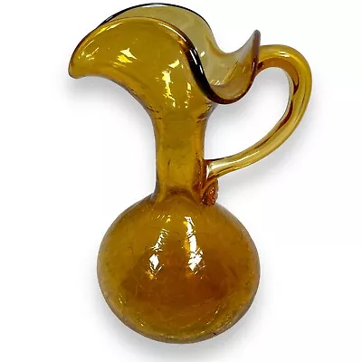 Buy Vintage Blenko Crackle Glass Pitcher Hand Blown MCM Art Amber Handled 9  Tall • 46.59£