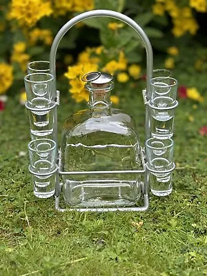 Buy 🫗 Swedish Scandinavian MCM Glass Liquor Decanter + 8 Shot Glasses Metal Carrier • 59.95£