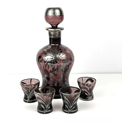Buy Amethyst Glass Decanter With Silver Overlay Stopper And Four Shot Glasses • 27.95£