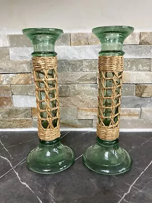 Buy Pair 1990s Vintage Clear Green Glass And Wicker Candlesticks Holders/stem Vase • 19.99£