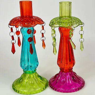 Buy Vintage French Pair Of Coloured Glass Candlesticks With Hanging Droplets • 32£