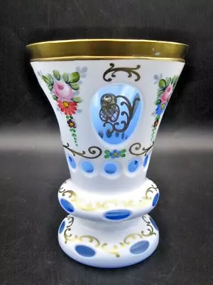 Buy BOHEMIAN / CZECH. CASED WHITE & CUT TO BLUE GLASS VASE. HAND-PAINTED 1970's • 60£