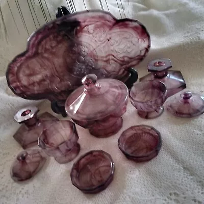 Buy Very Rare Purple / Amethyst Cloud Glass 11 Piece Trinket Set Art Deco Depression • 279.92£
