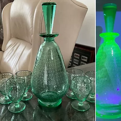 Buy Rare Aqua Art Deco Uranium Kosta Bullicante Decanter Set +6 Shot Liqueur Glasses • 210£