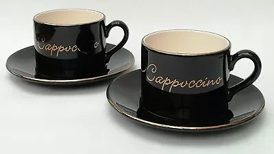 Buy Hornsea Pottery Rare Black & Gold Cappuccino Cups & Saucers X 2 • 19.99£