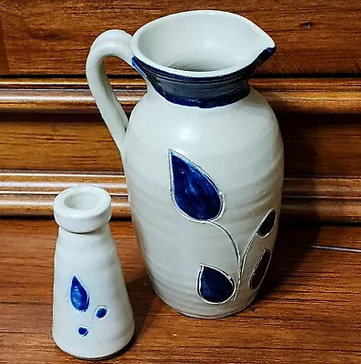 Buy Williamsburg Pottery Hand Carved Cobalt Salt Glaze Gray Pitcher & Toothpick Vase • 16.80£