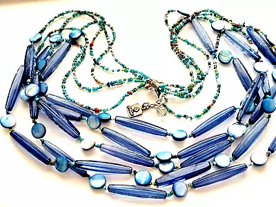 Buy Vintage Blue Glass & Mother Of Pearl Multi Strand Bead Boho Necklace Signed Mint • 13.99£