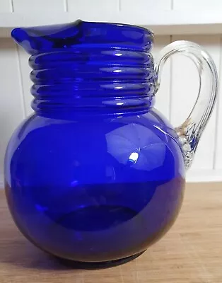 Buy Large Vintage Ribbed Cobalt Blue Glass Serving Jug With Clear Glass Handle • 18£