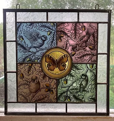 Buy Stained Glass Panel Hand Painted With Birds Butterfly ,Oak Leaves & Acorns • 385£