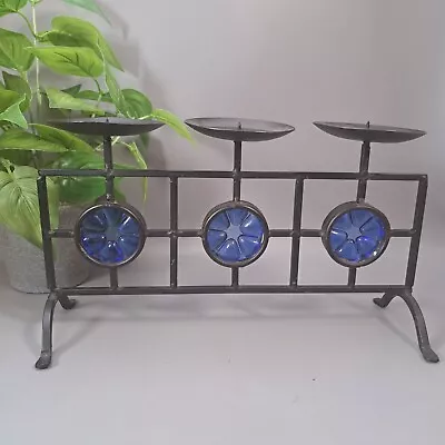 Buy Vintage Forged Metal Blue Glass Sun Catcher Roundels 3 Arm Candlesticks Retro • 12.50£