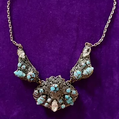 Buy Antique Art Deco Necklace Silvertone Filigree Turquoise Peking Czech Glass • 25£