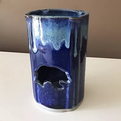 Buy Smokey Mountain Pottery Candle Holder Vase Blue Drip Glaze Bear Cutout 6.5” • 35.38£